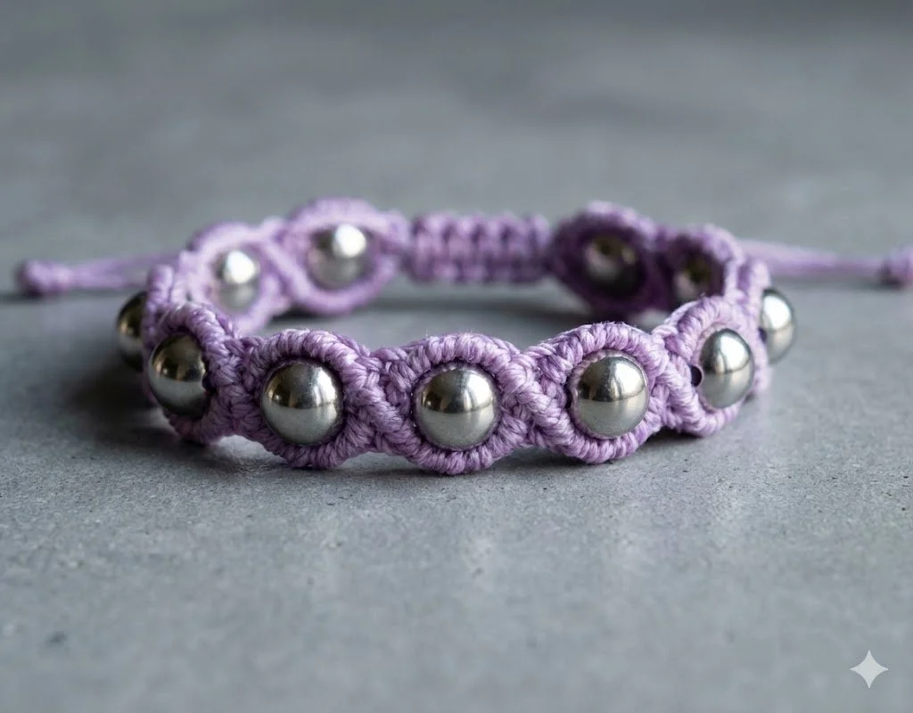 Handmade lilac micro macrame bracelet featuring solid 6mm stainless steel beads woven into a circular pattern. Weighted, adjustable industrial boho jewelry.