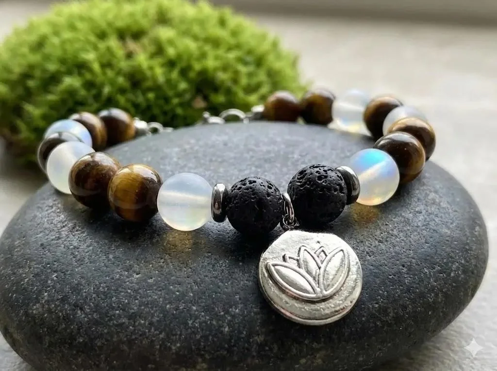 a gemstone aromatherapy diffuser bracelet showing the contrast between matte black lava rock and shimmering blue spectrolite beads.