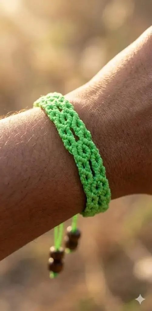 customizable geometric macramé bracelet showing the intricate repeating infinity knot design and smooth wood bead details.