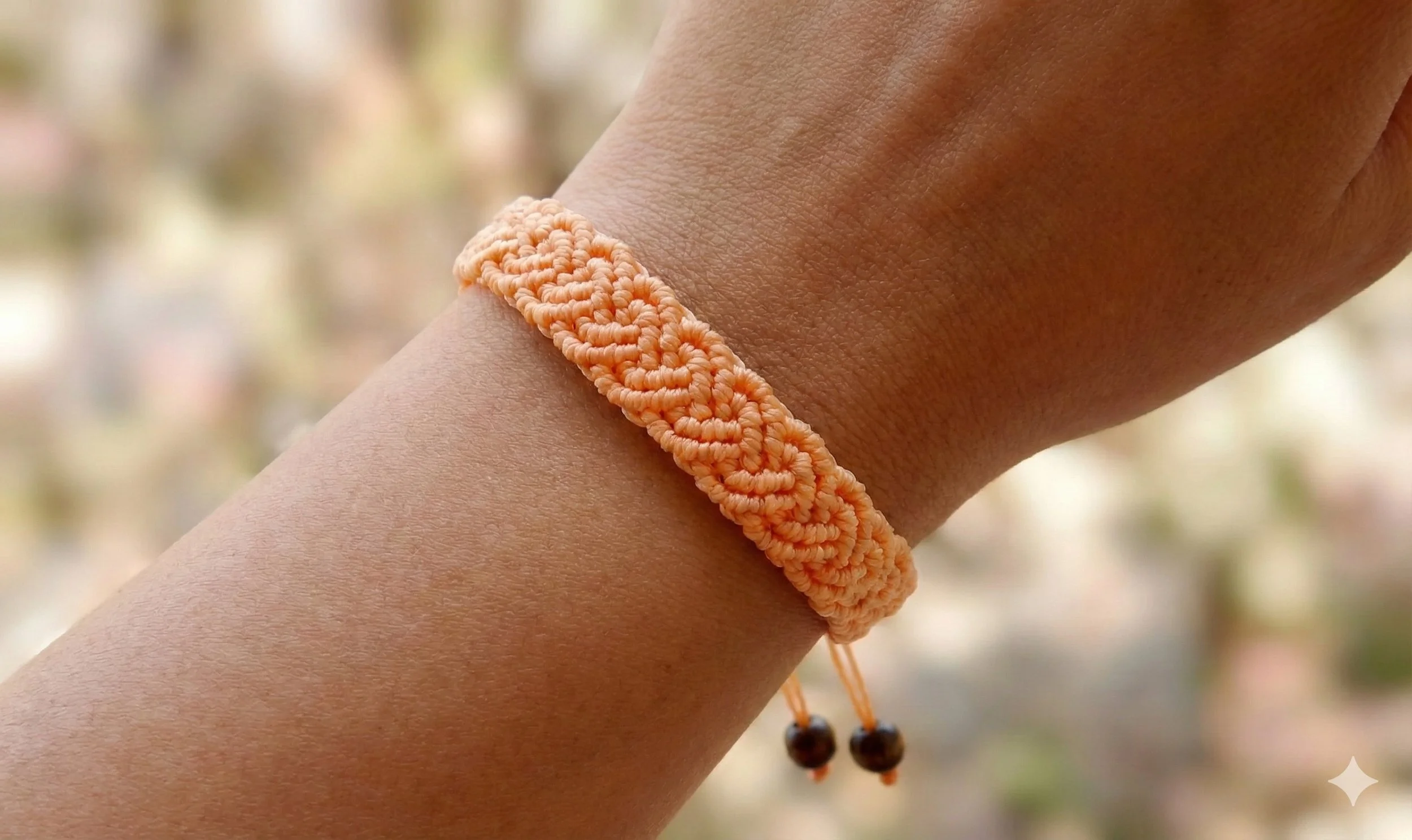pastel orange micro-macramé bracelet on a wrist featuring a woven heart motif and wood bead finishes.
