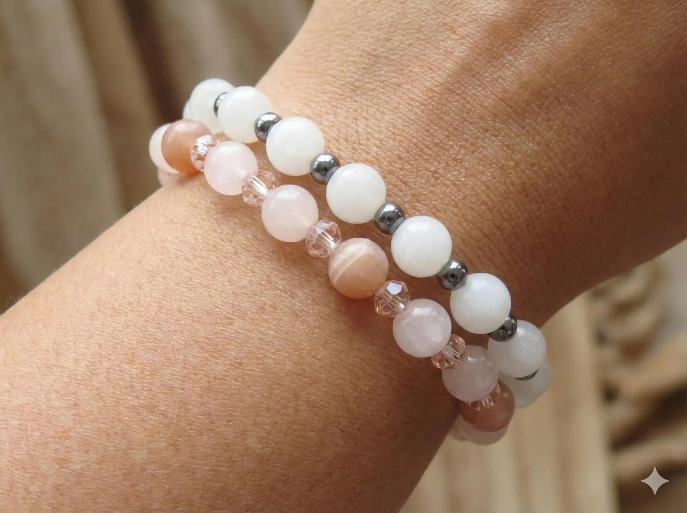 the balanced duo set | white jade + rose quartz + peach moonstone | stacking gemstone stretch