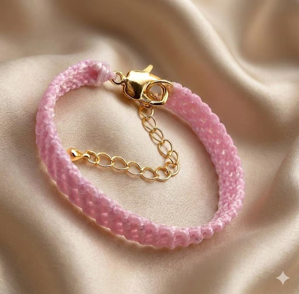 the pink lace bracelet | layered micro‑macramé in baby pink | 18k gold filled clasp + extender