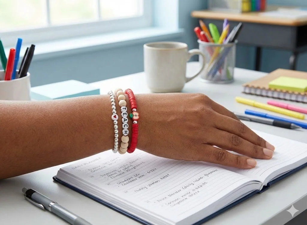 the classic educator bracelet set | 5mm sterling silver stack | teach + red apple charm
