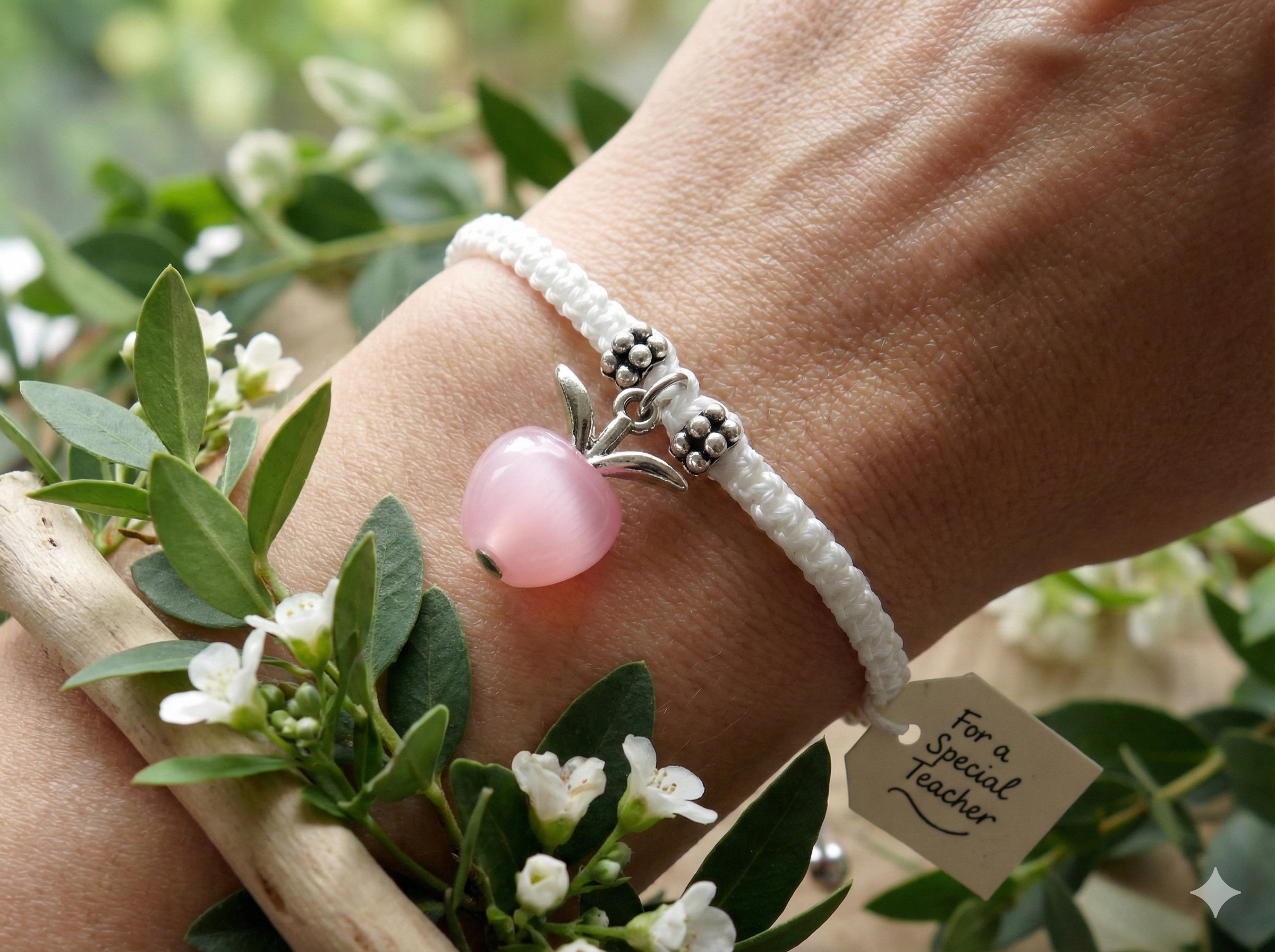 the beloved mentor bracelet | botanical pink apple macramé | stainless steel teacher appreciation gift