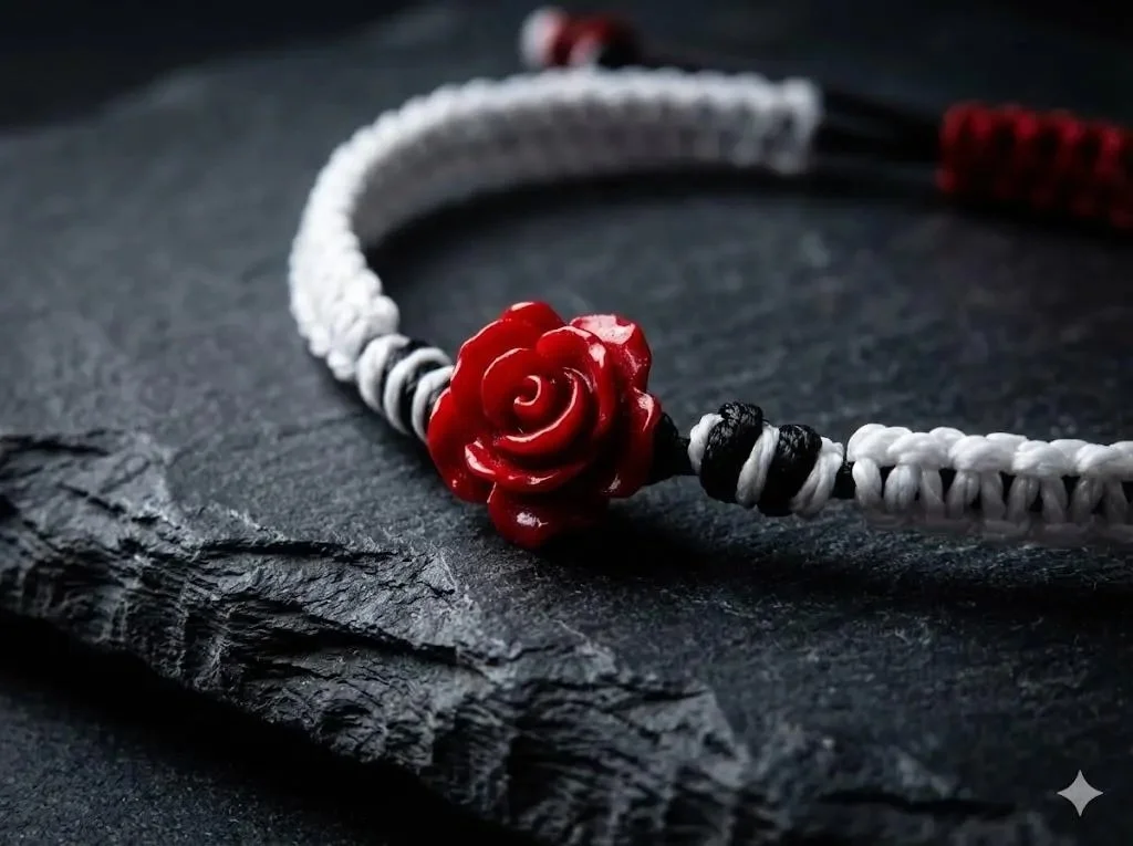 the artistic romantic bracelet | carved red jasper rose | black + white macramé | adjustable