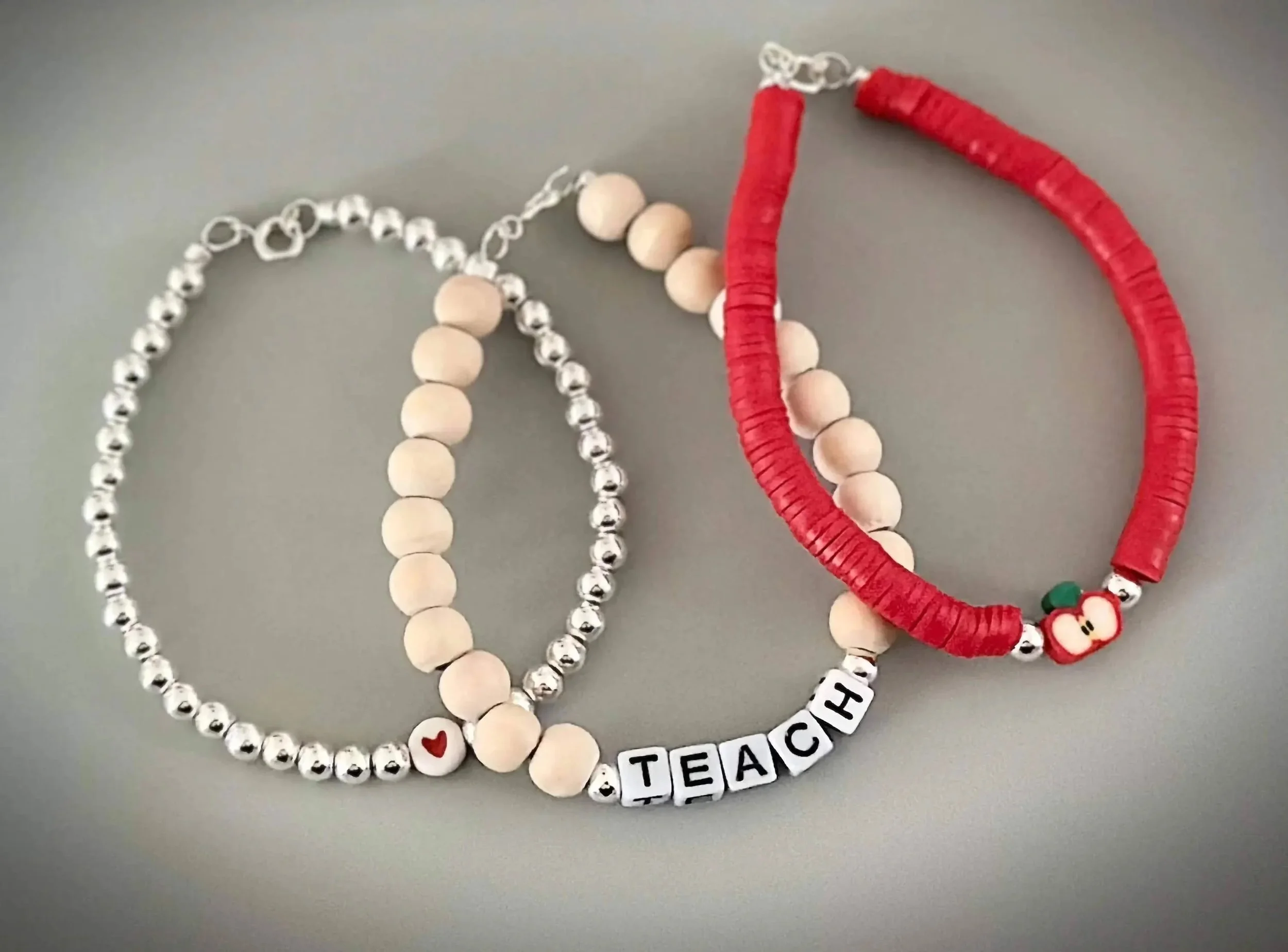 durable silver stretch bracelet set for teachers featuring three coordinated 5mm bead layers designed for daily classroom wear.