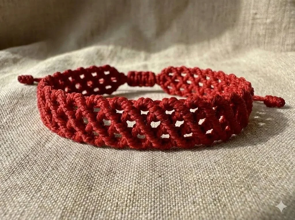 a sleek and minimalist hand-woven bracelet showing the intricate layered knots and adjustable sliding closure.