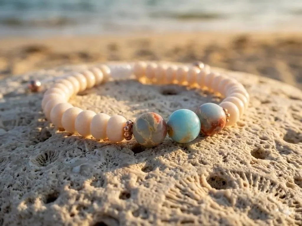 the coastal opal bracelet | blue african opal + cream heishi | rose gold finish | adjustable