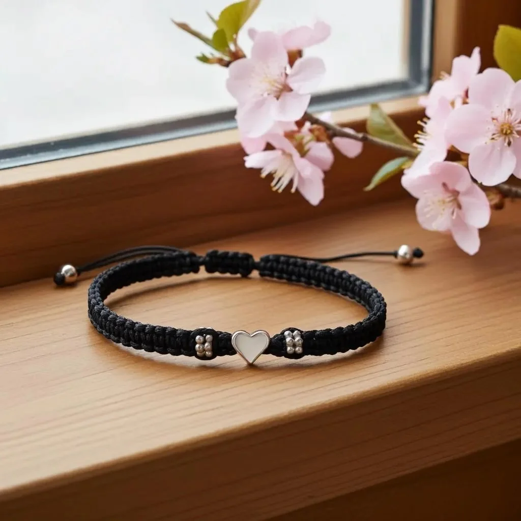 a modern romantic jewelry piece showing the high-contrast look of a polished rose gold heart against a matte black woven background.