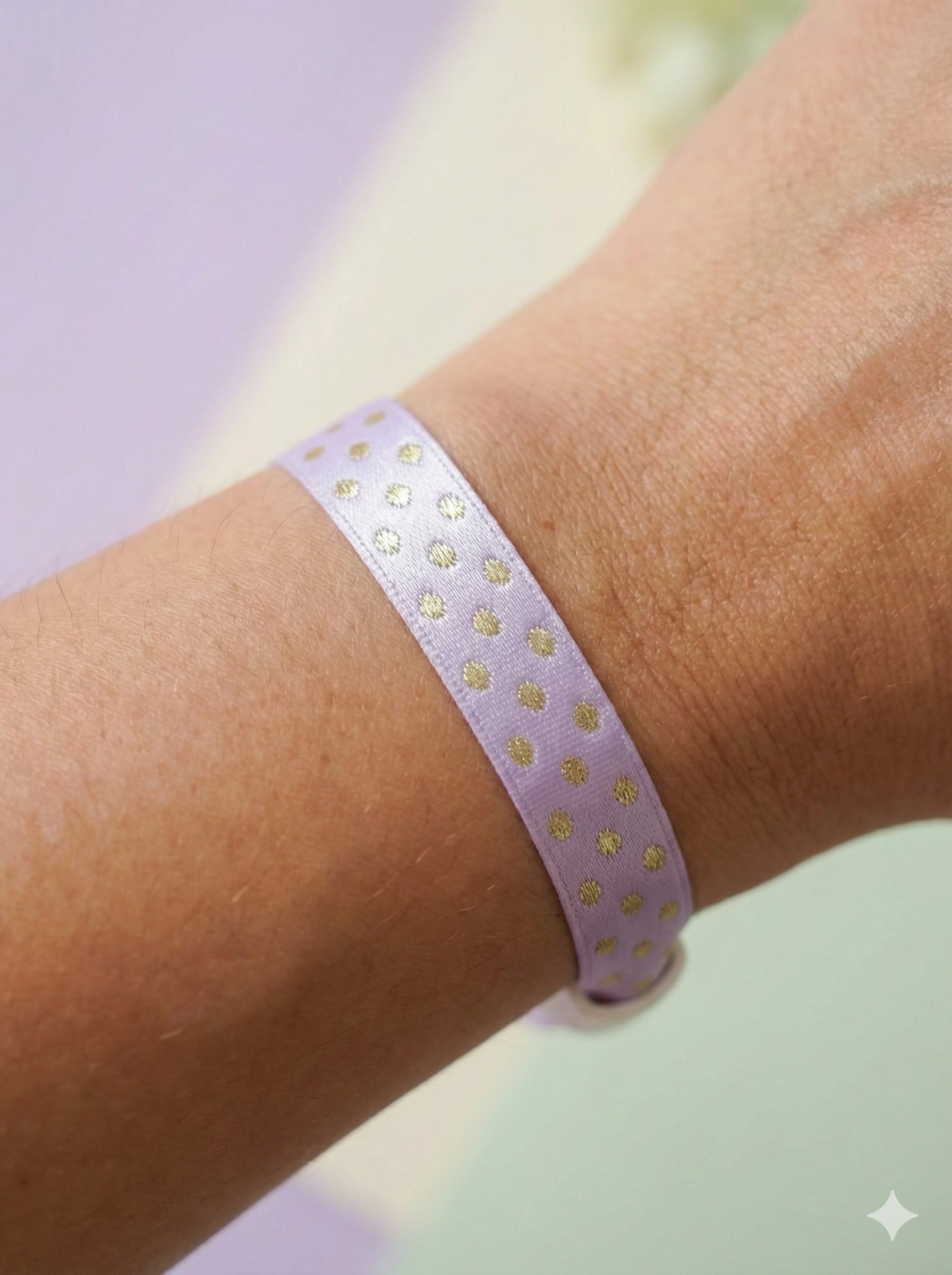 the lilac daydream bracelet | lilac ribbon + gold polka dot embroidery | adjustable slider