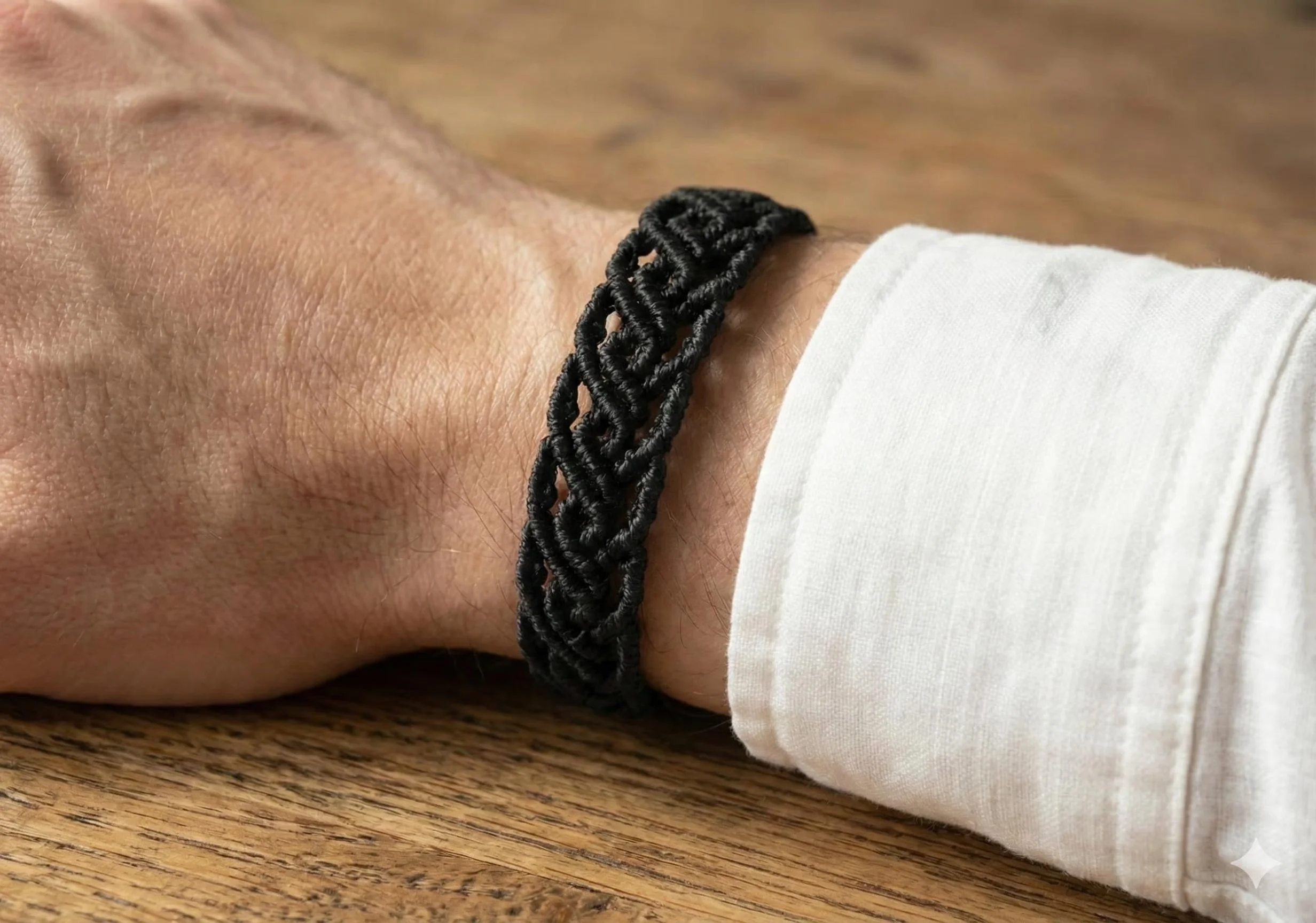 a masterfully crafted fiber bracelet showing the delicate repeating scrollwork pattern and secure adjustable sliding knot.