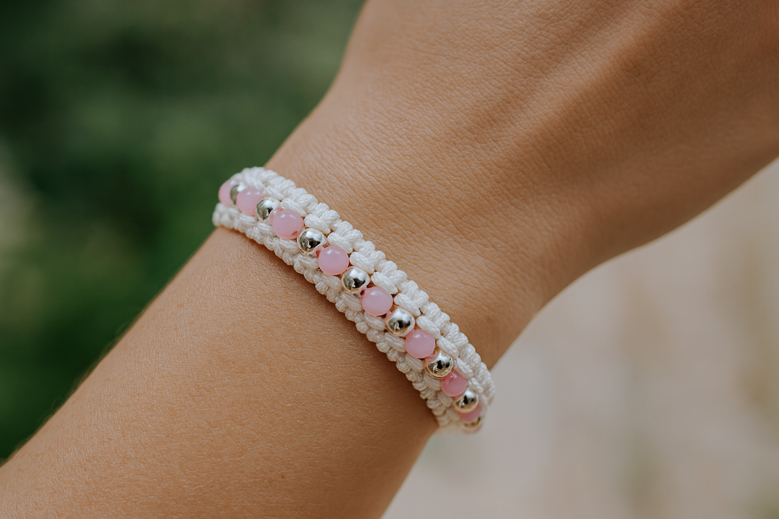 the detailed dreamer bracelet | white woven macramé | sterling silver + pink seed beads | adjustable