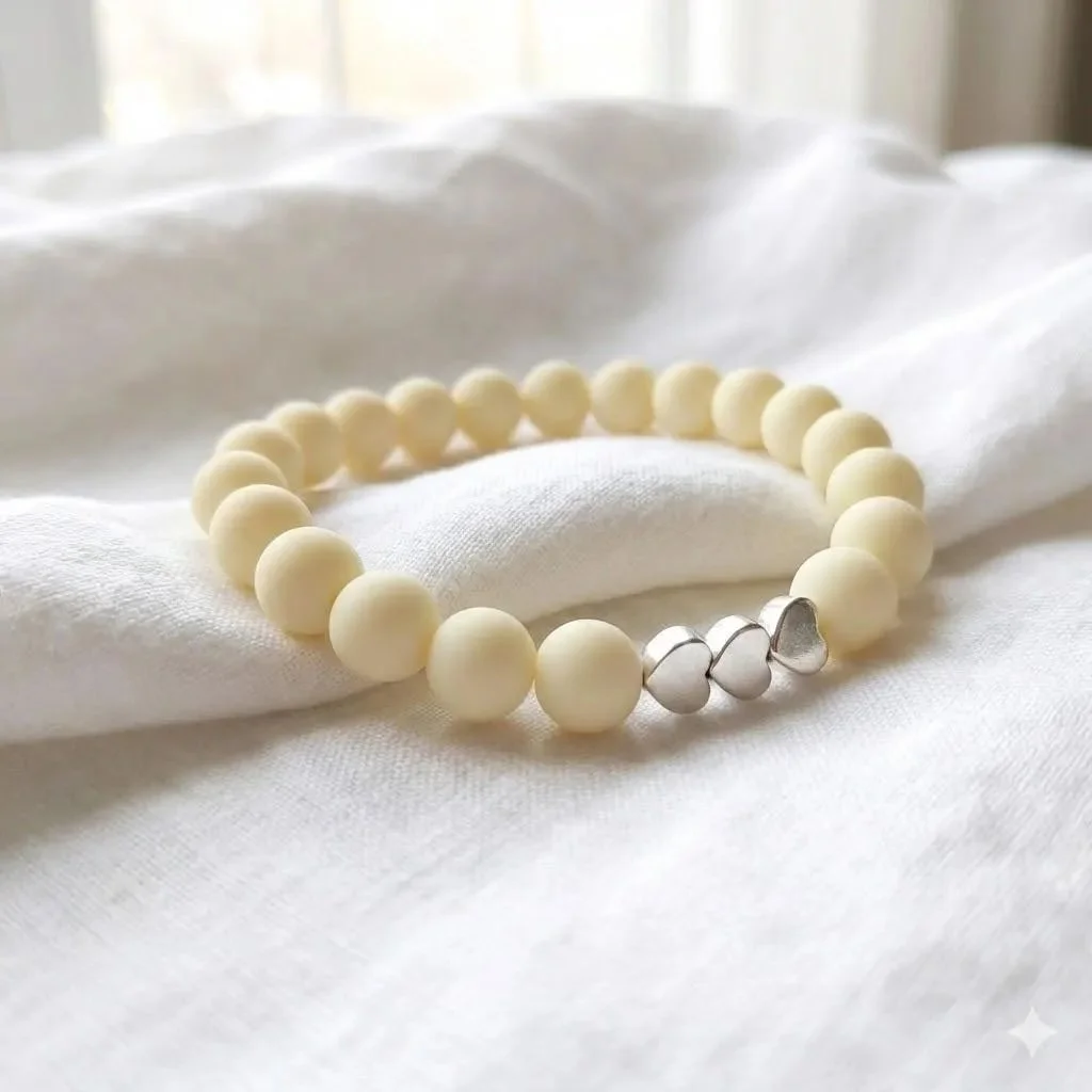 a modern heart-motif bracelet showing the contrast between velvety matte textures and high-shine metallic spacer beads.