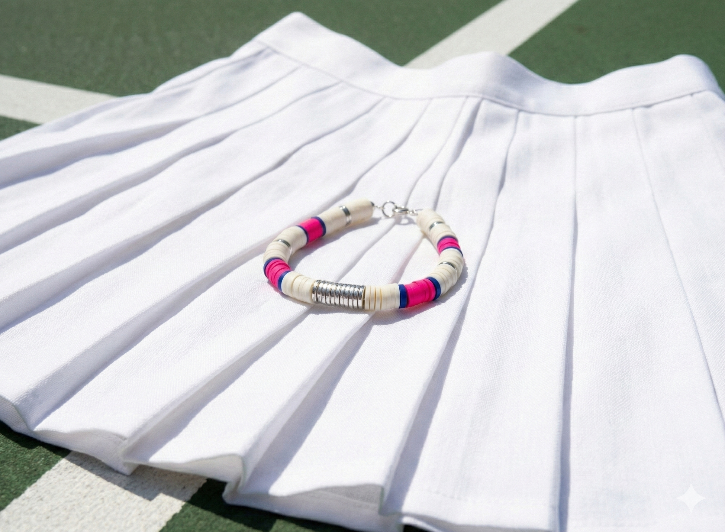 the preppy trendsetter bracelet | color‑block heishi | hot pink + navy + silver hematite