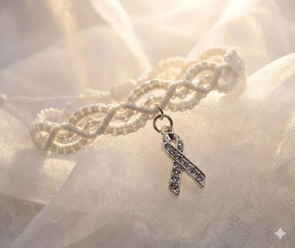hand-woven white lace macramé bracelet with a shimmering crystal-encrusted sterling silver ribbon focal.