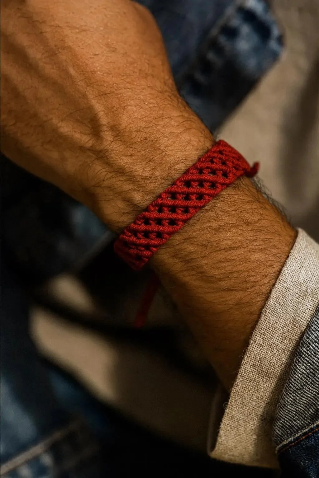 the layered weave bracelet featuring a complex, multi-dimensional micro-macramé texture in a customizable color palette.
