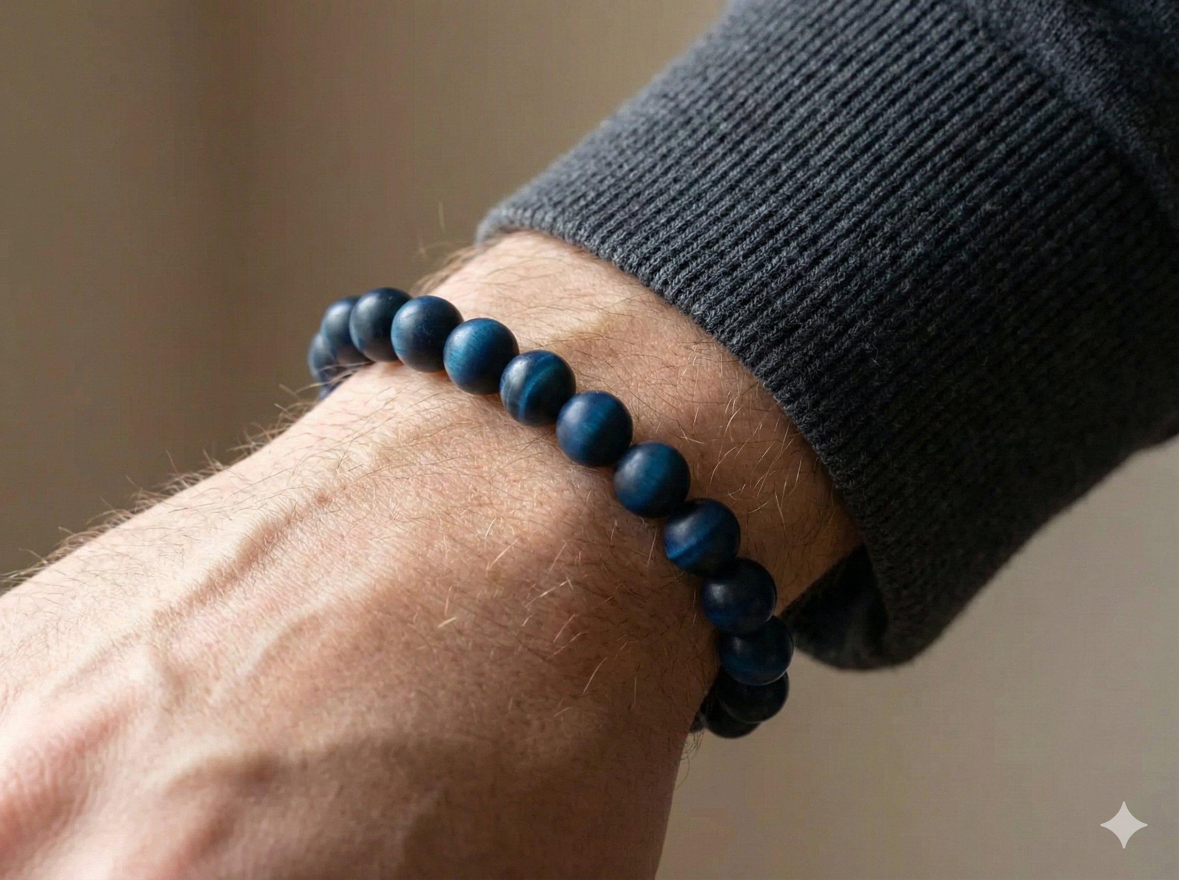 the stoic protector bracelet | matte blue tiger’s eye (hawk’s eye) | 8mm + stainless steel clasp