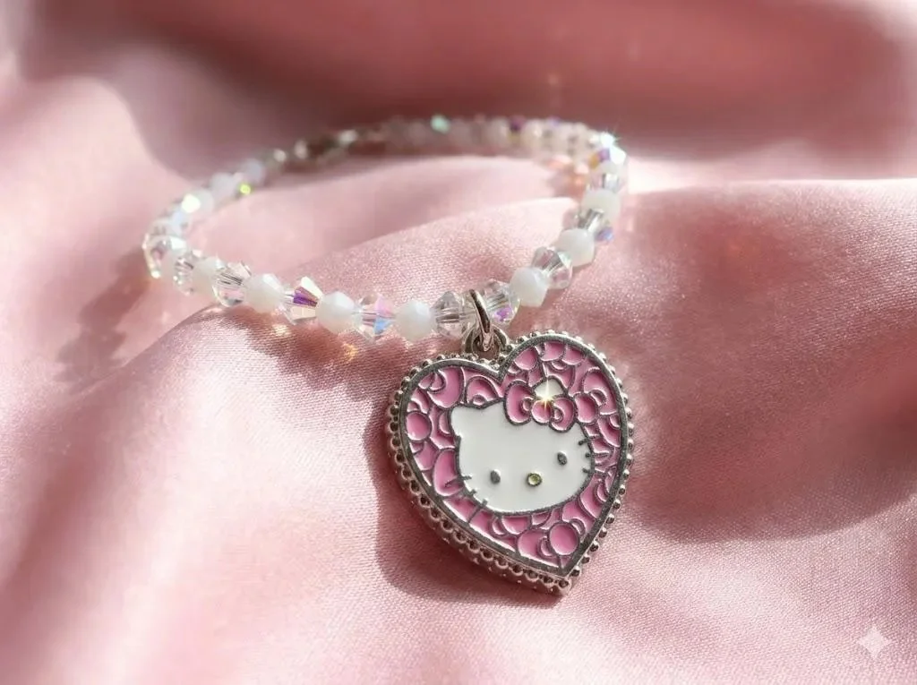 the luxe kawaii collector bracelet | hello kitty pink mosaic heart | sterling silver + ab crystals