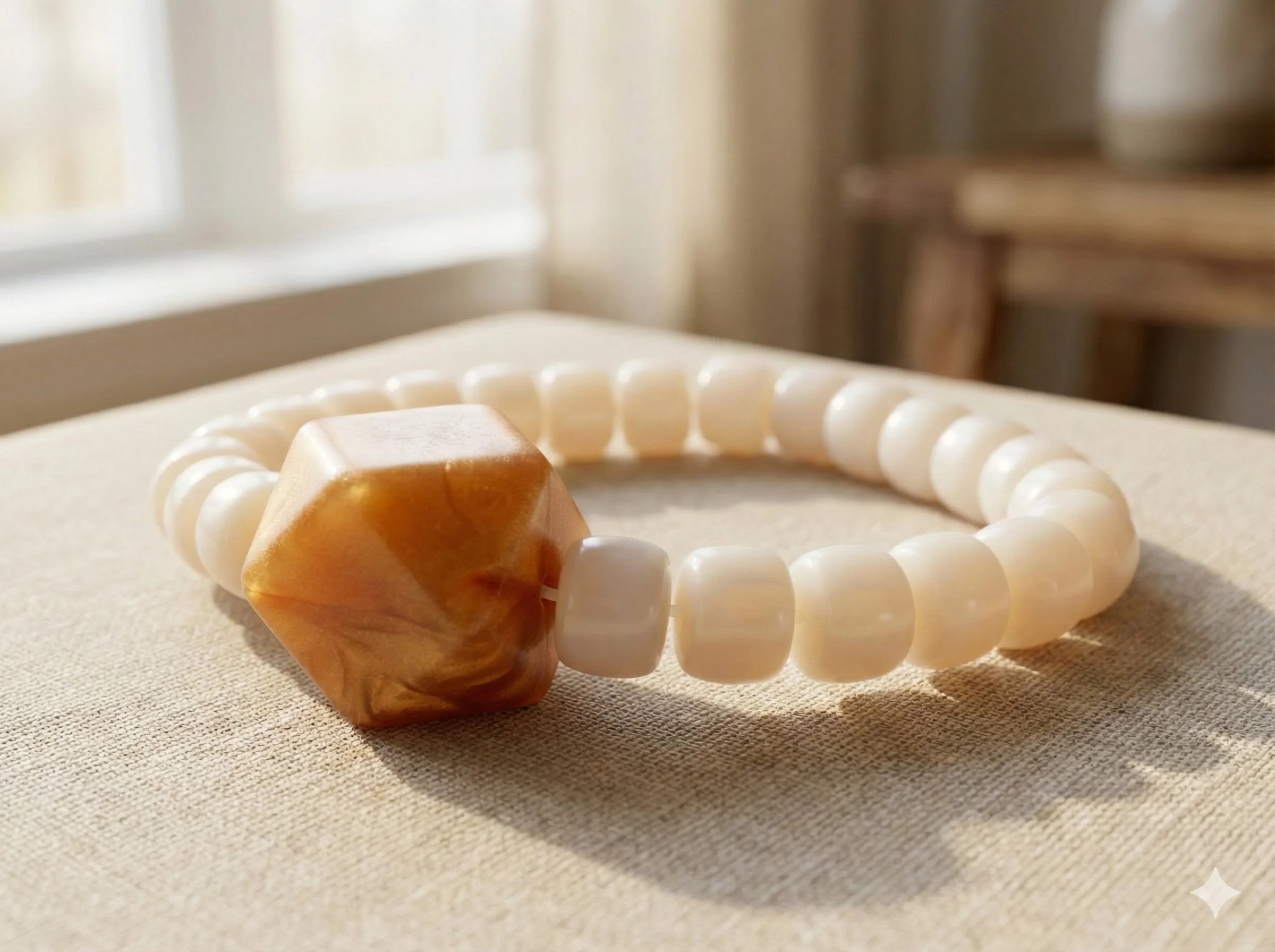 Cream Czech glass bead bracelet with a rose gold hexagon charm and 14k rose gold plated accents.