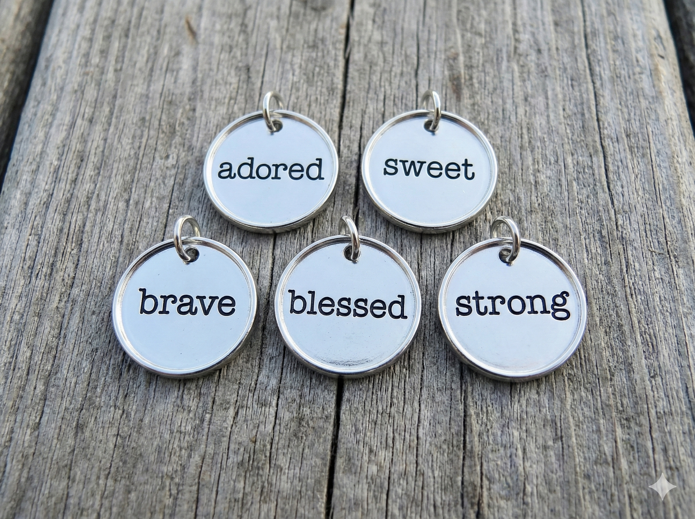 Collection of antique silver word charms including Brave, Blessed, and Strength for custom handmade bracelets.