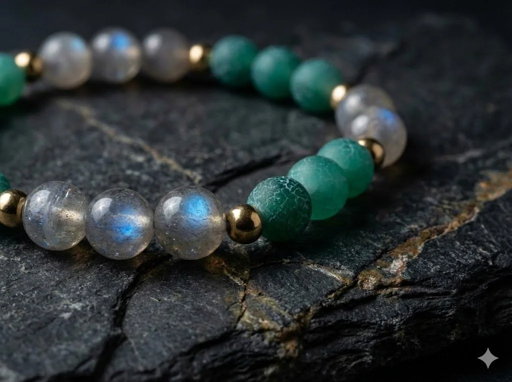 Handmade 18k solid gold stretch bracelet featuring green matte fire cracked agate and flashing labradorite gemstones. Earthy luxury stacking jewelry.