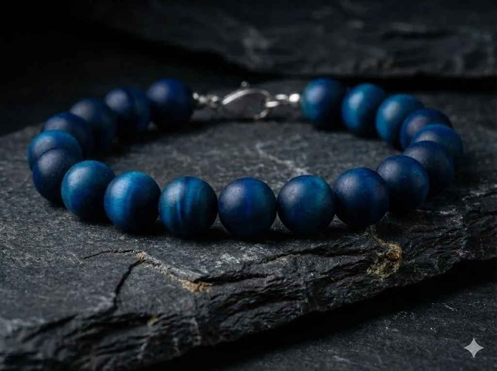 Handmade matte blue tiger's eye jewelry with hypoallergenic stainless steel hardware, designed for a durable and minimalist look.