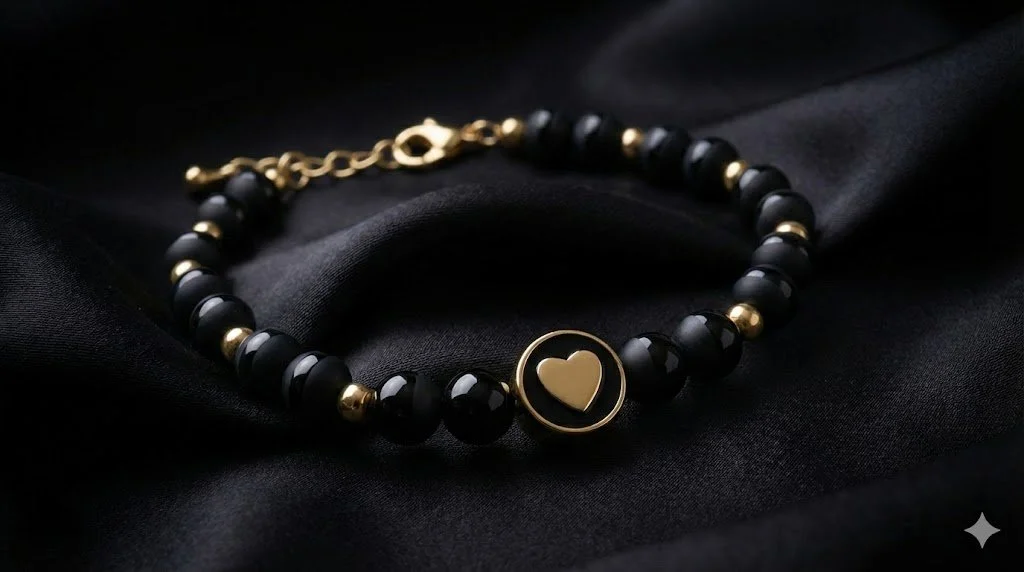 the classic minimalist bracelet | 18k gold plated heart + tuxedo onyx | matte/polished beaded jewelry