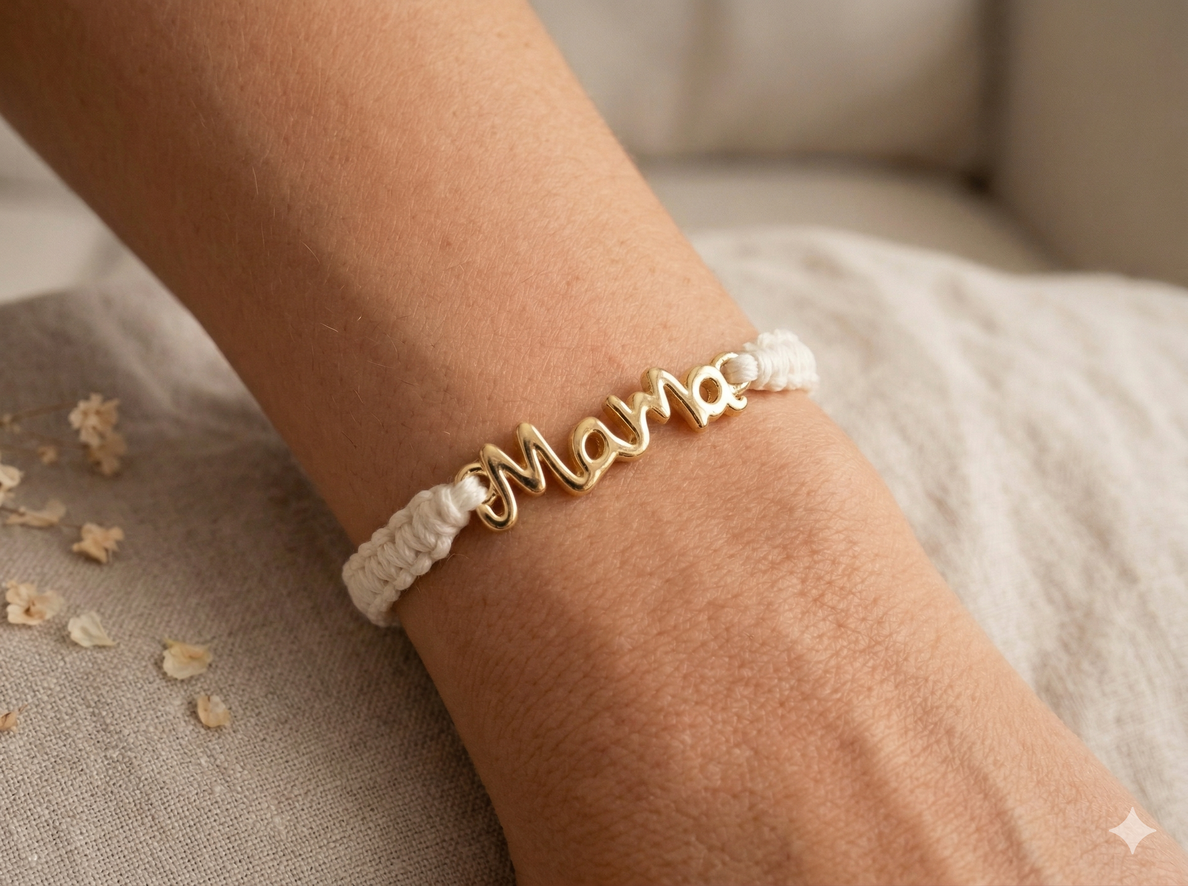 the mama script bracelet | cream macramé with 18k gold filled cursive connector