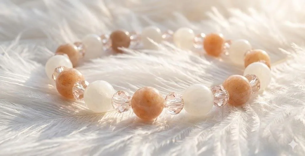 close-up of the balanced duo stack highlighting the natural silk-like luster of peach moonstone and polished white jade.