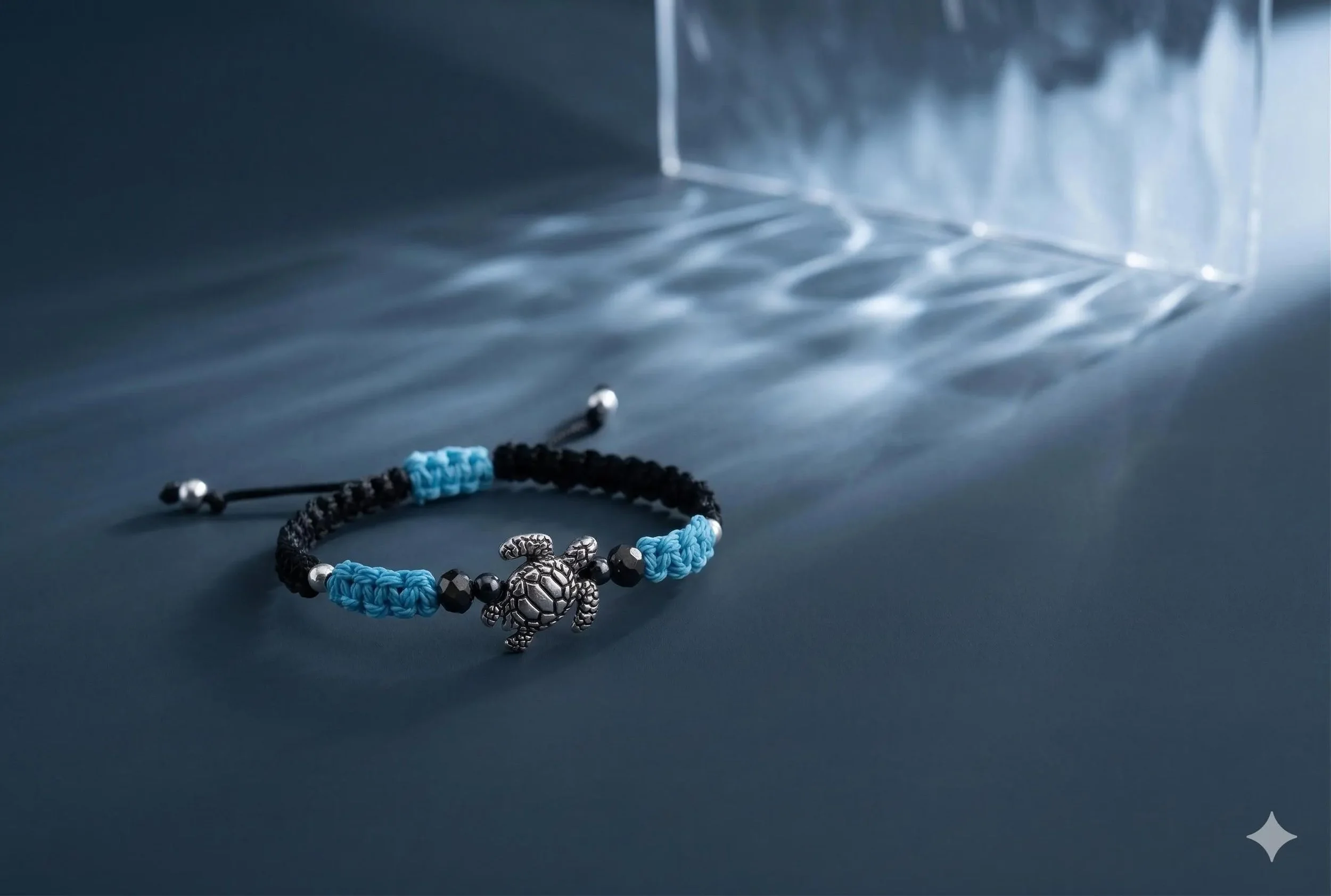 a rugged and stylish sea turtle jewelry piece showing the intricate silver detailing against a high-strength woven background.