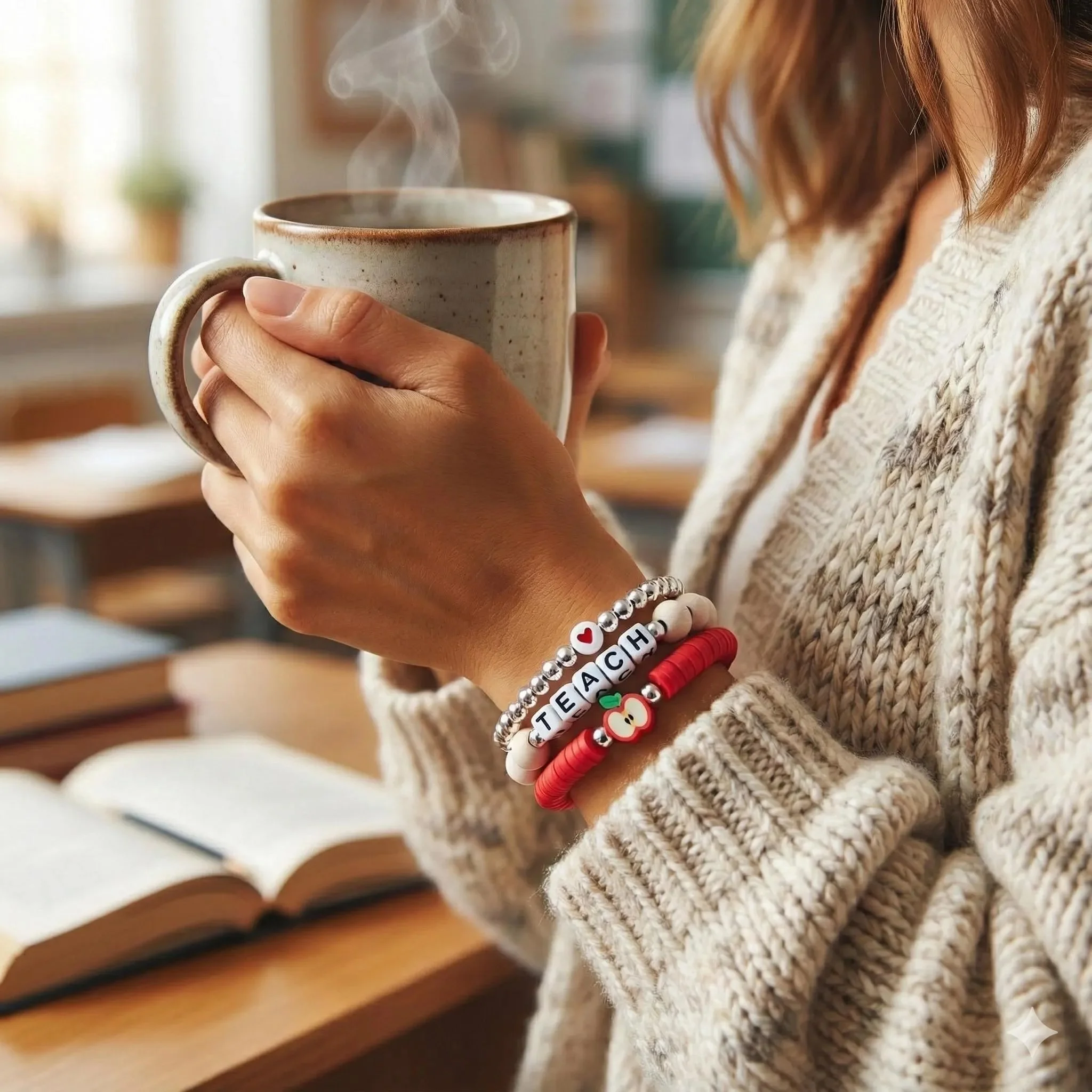 classic educator jewelry set in the nurture-luxe aesthetic featuring cool-toned sterling silver beads and a pop of red.