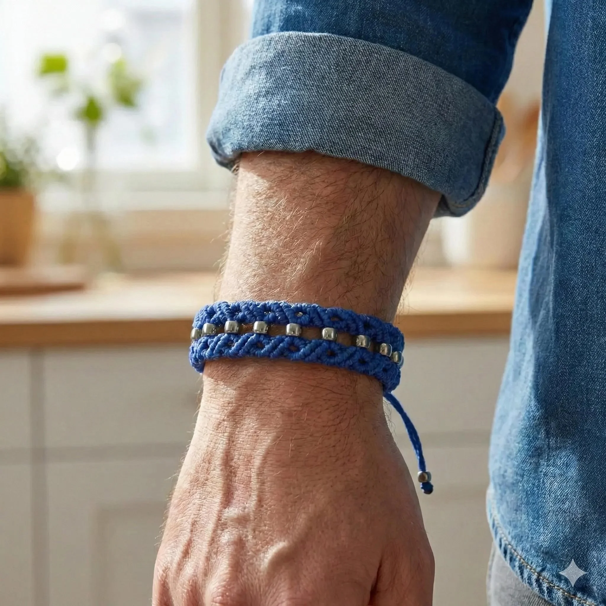 the beaded center bracelet featuring a unique 3D woven loop micro-macramé pattern and shimmering glass seed bead accents.