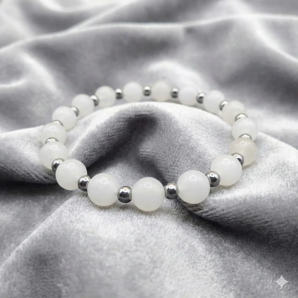 Handmade white jade gemstone bracelet featuring alternating silver glass beads. Dainty stretch jewelry variant.
