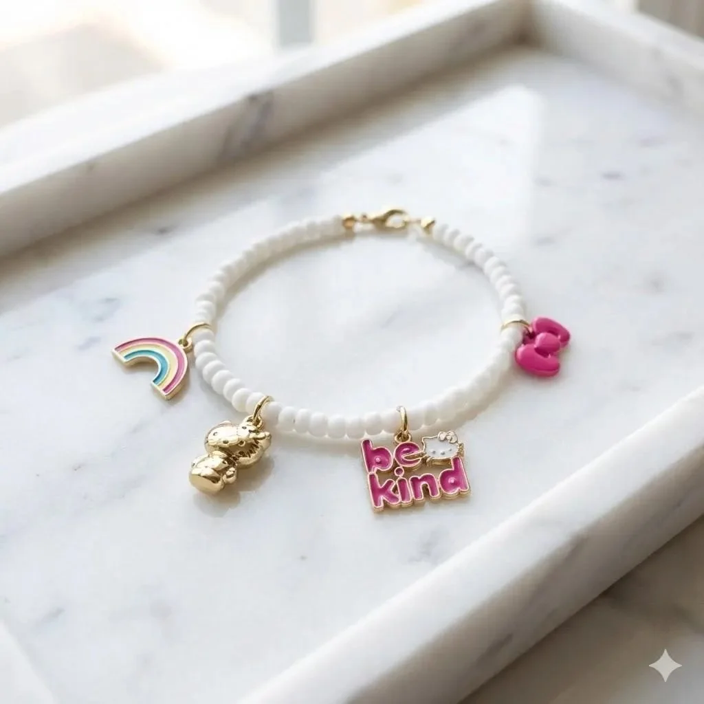 a dainty, luxury-style sanrio bracelet showing the high-shine gold hello kitty focal against a minimalist white beaded background.