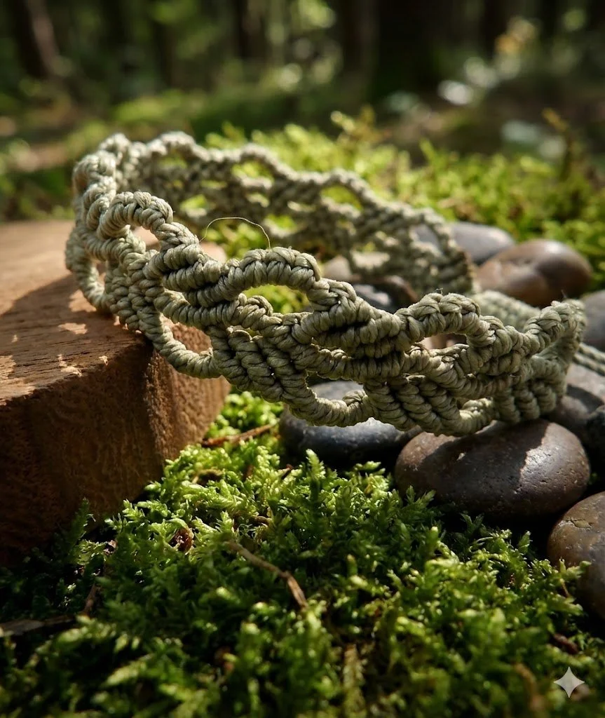 Handmade micro macrame bracelet featuring an intricate botanical leaf weave pattern. Adjustable waterproof nature-inspired jewelry.