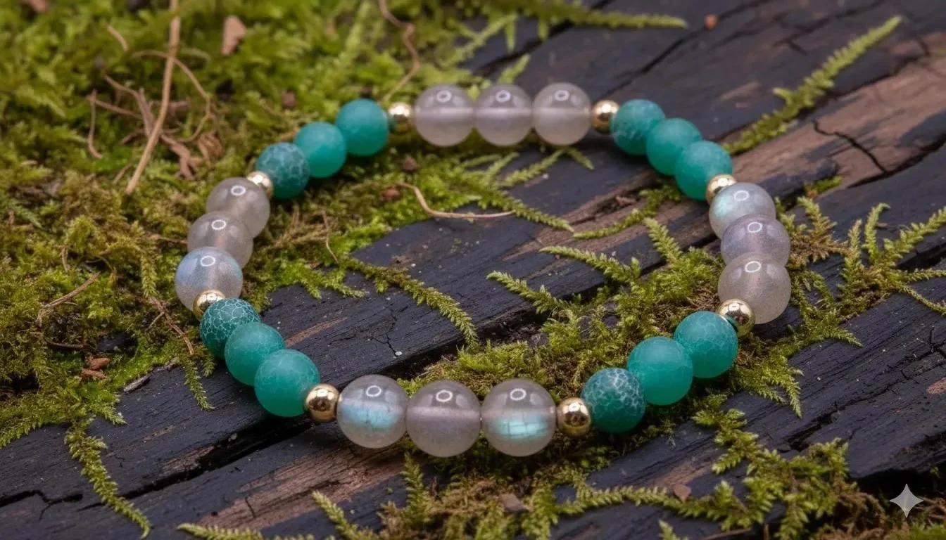a versatile green and gold stacking bracelet featuring natural matte agate for an organic, modern look.