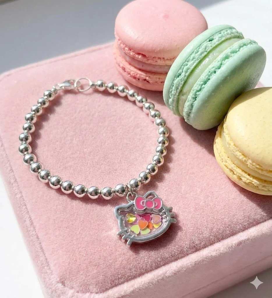 the hello kitty shaker bracelet | 925 sterling silver beads + shaker charm | lobster clasp