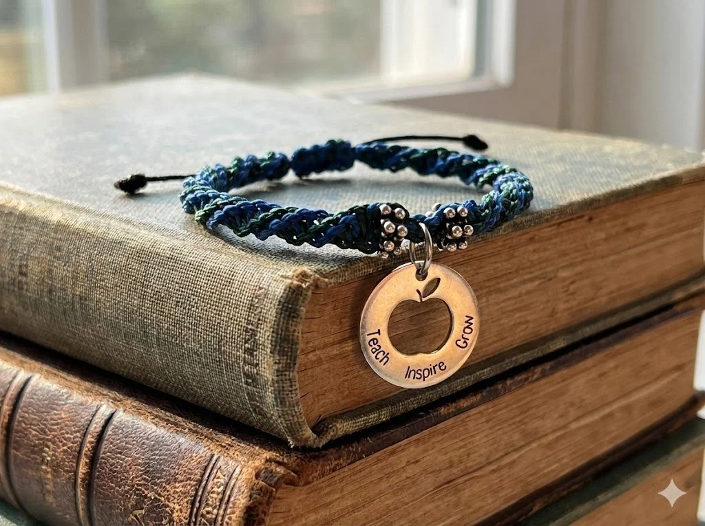 the practical mentor bracelet | “teach inspire grow” stainless steel charm + blue/green macrame | hypoallergenic