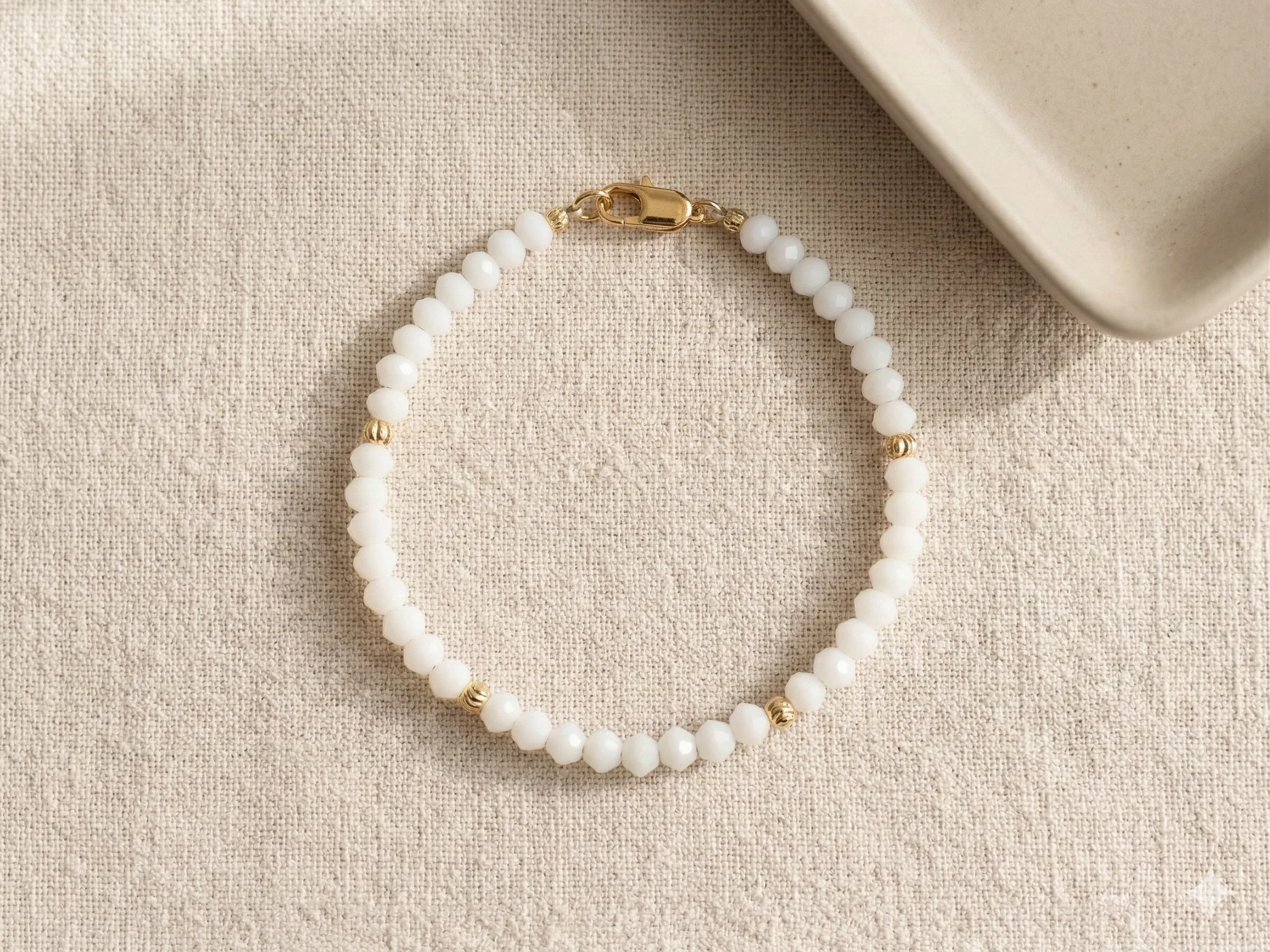the soft glow bracelet | dainty white crystal + 18k gold corrugated accent | gold filled clasp