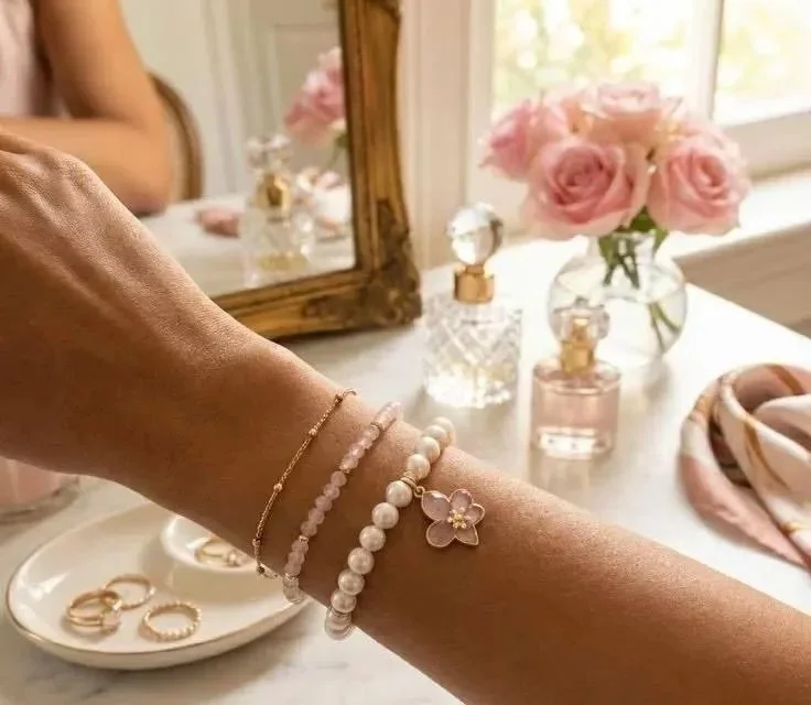 the classic bloom bracelet featuring iridescent mother of pearl beads and a central 18k triple gold plated flower charm.