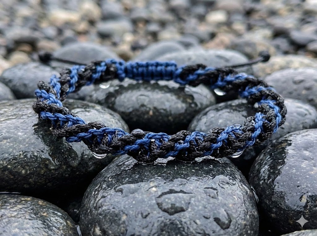 Handmade twisted macrame bracelet woven with black and blue waterproof waxed cord. Durable adjustable unisex jewelry or rugged gift for him.