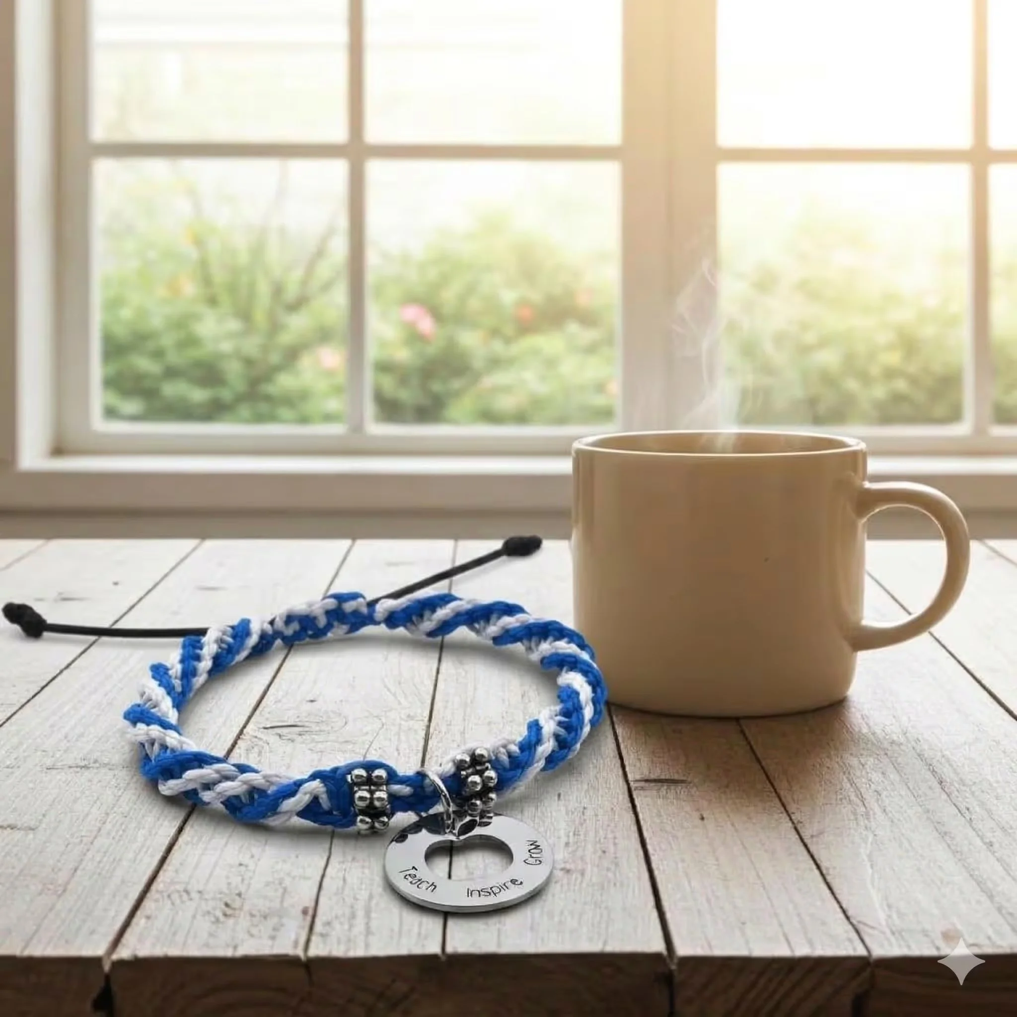 the practical mentor bracelet featuring a custom-colored macramé weave and a circular stainless steel "teach inspire grow" charm.