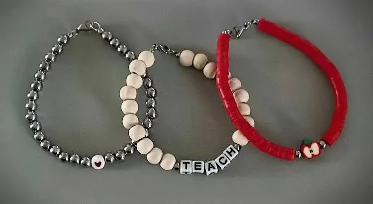 boho teacher bracelet set with a mix of wood, glass, and heishi beads for a relaxed yet professional aesthetic.