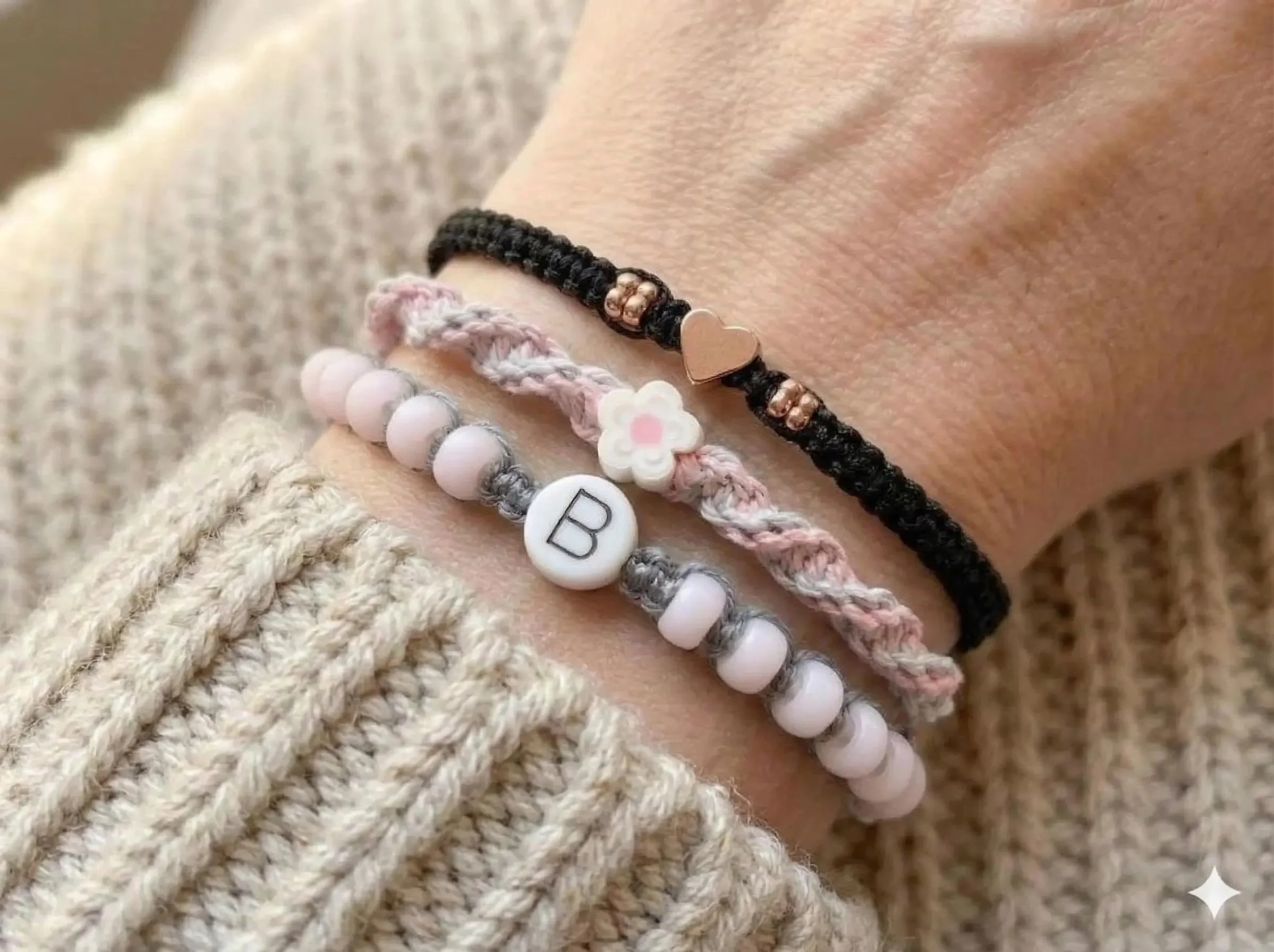 the sentimental stylist set | custom initial + rose gold plated heart | 3‑piece macramé stack