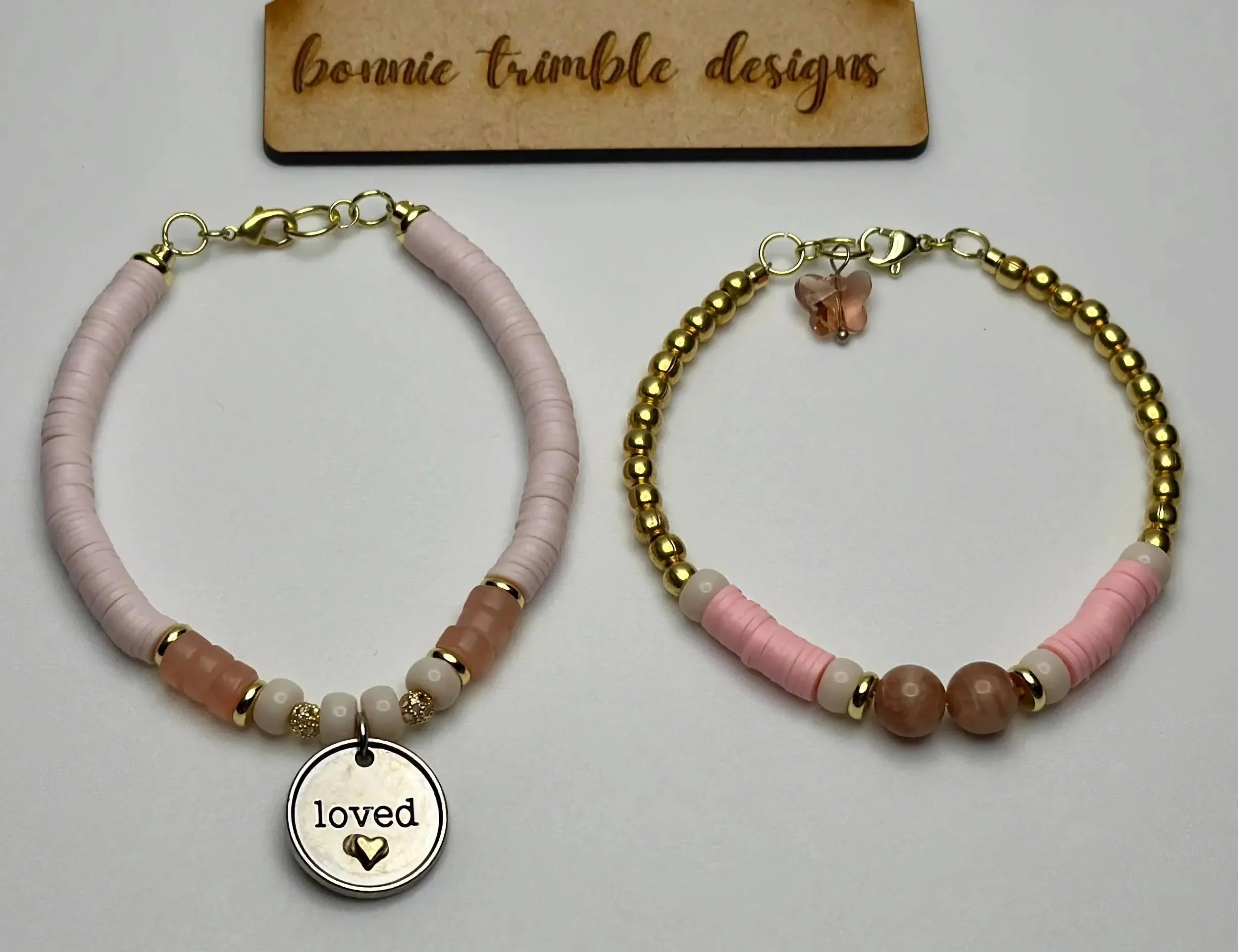 handmade sunstone, moonstone, and rose quartz beaded bracelet duo with "loved" engraved disc charm.