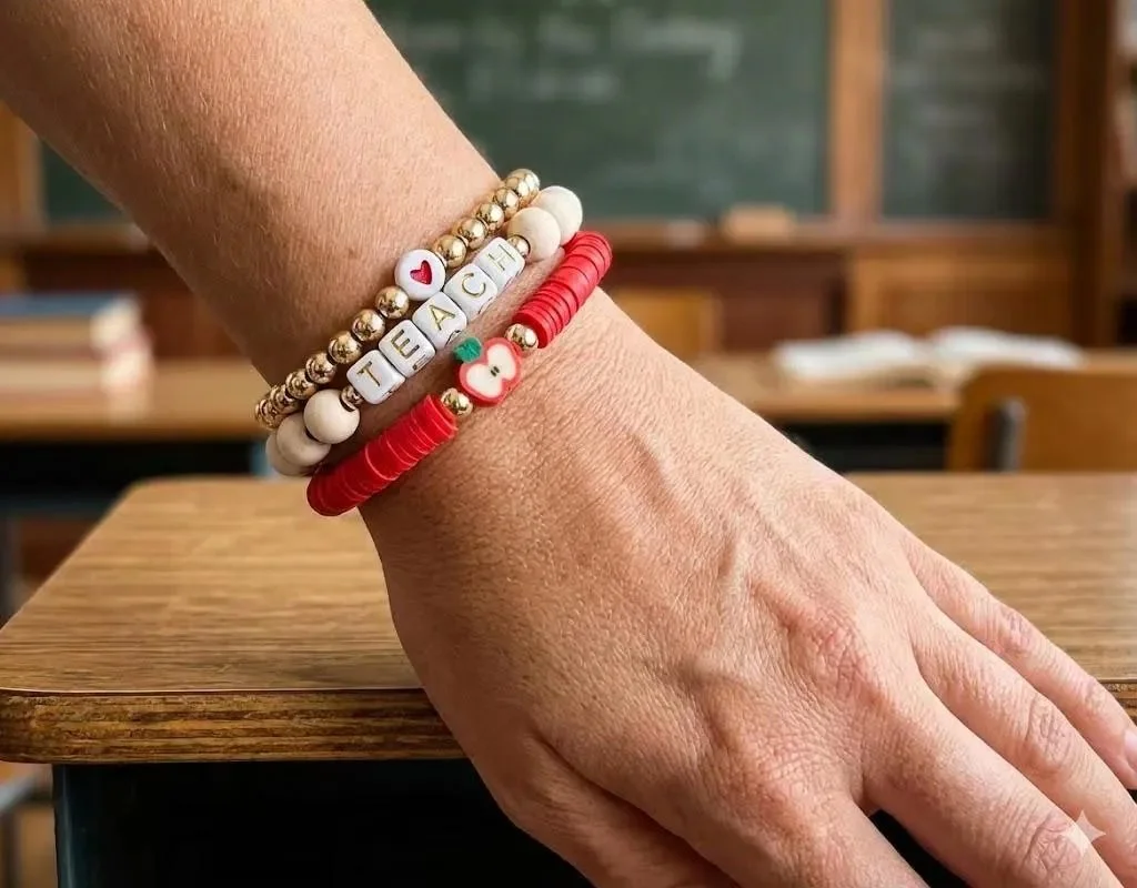 the sentimental educator set | 5mm 18k gold plated stack | teach + red apple charm