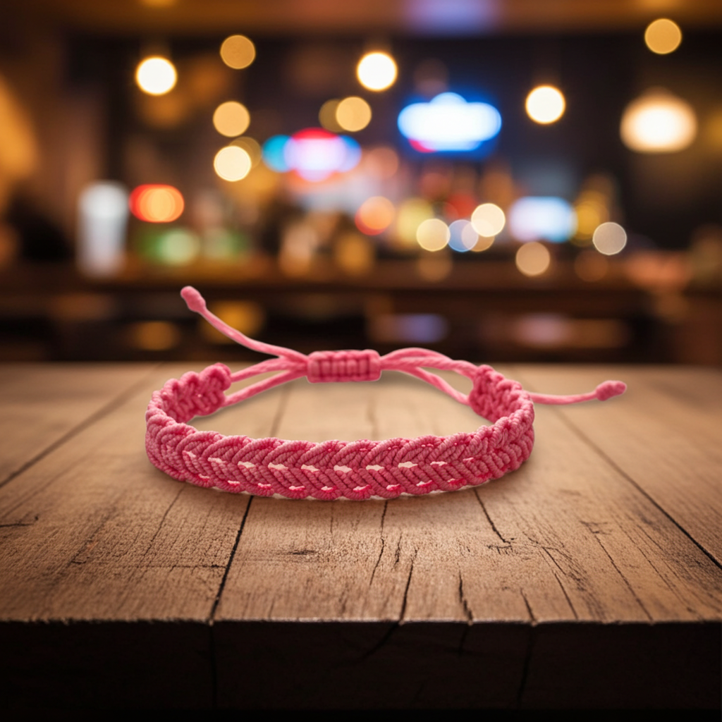 close-up detail of the hand-woven pink chevron pattern on the micro macrame cord bracelet.