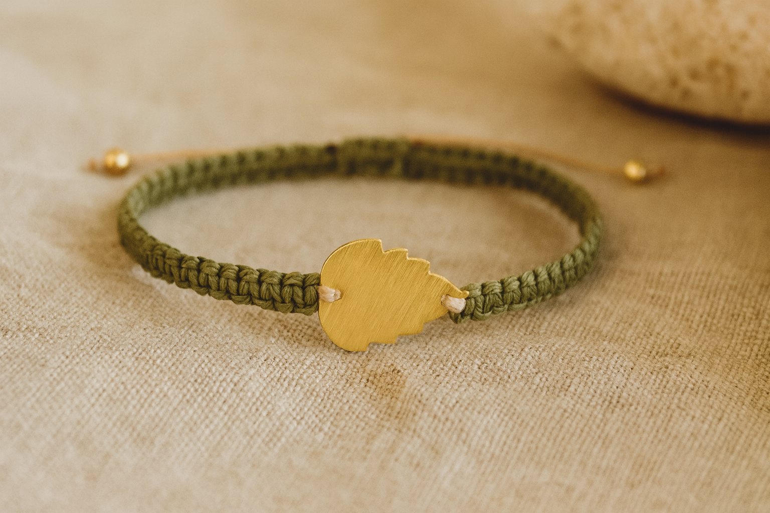 the olive branch macramé bracelet | brushed gold leaf connector | beige + olive cord