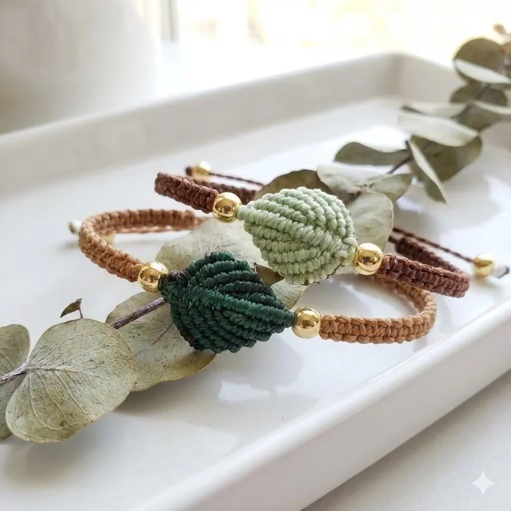 the botanical collector bracelet set | micro‑macramé leaf duo | green + brown with gold accents