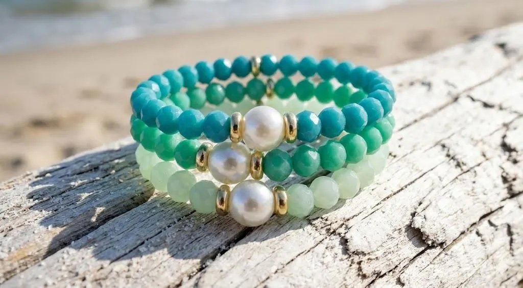 an elegant coastal stacking set showing three coordinated bracelets balancing beachy sea glass textures and a luminous pearl glow.